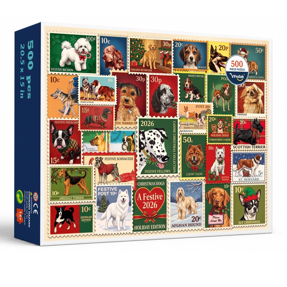 Festive Dog Stamps 500 piece jigsaw puzzle